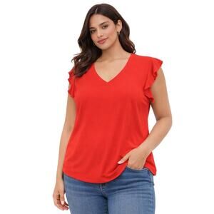 Calvin Klein Orange Ruffle Sleeve V-Neck Top – Size L